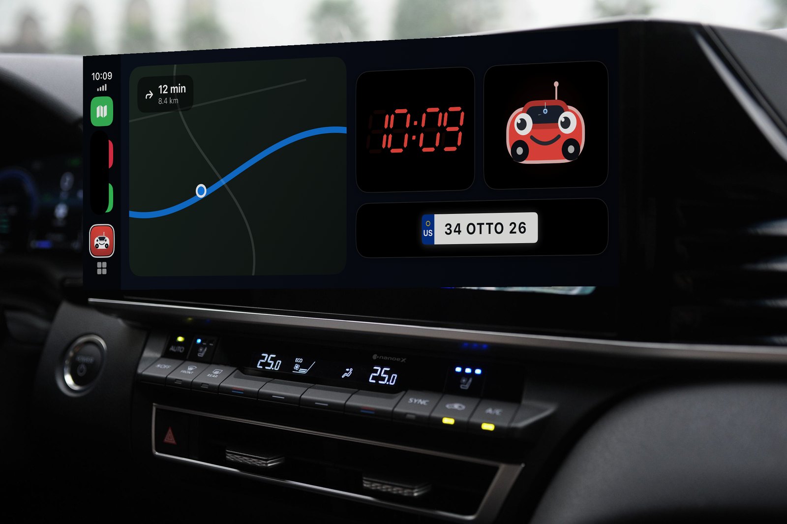Otto's clock, mascot and plate on a CarPlay dashboard