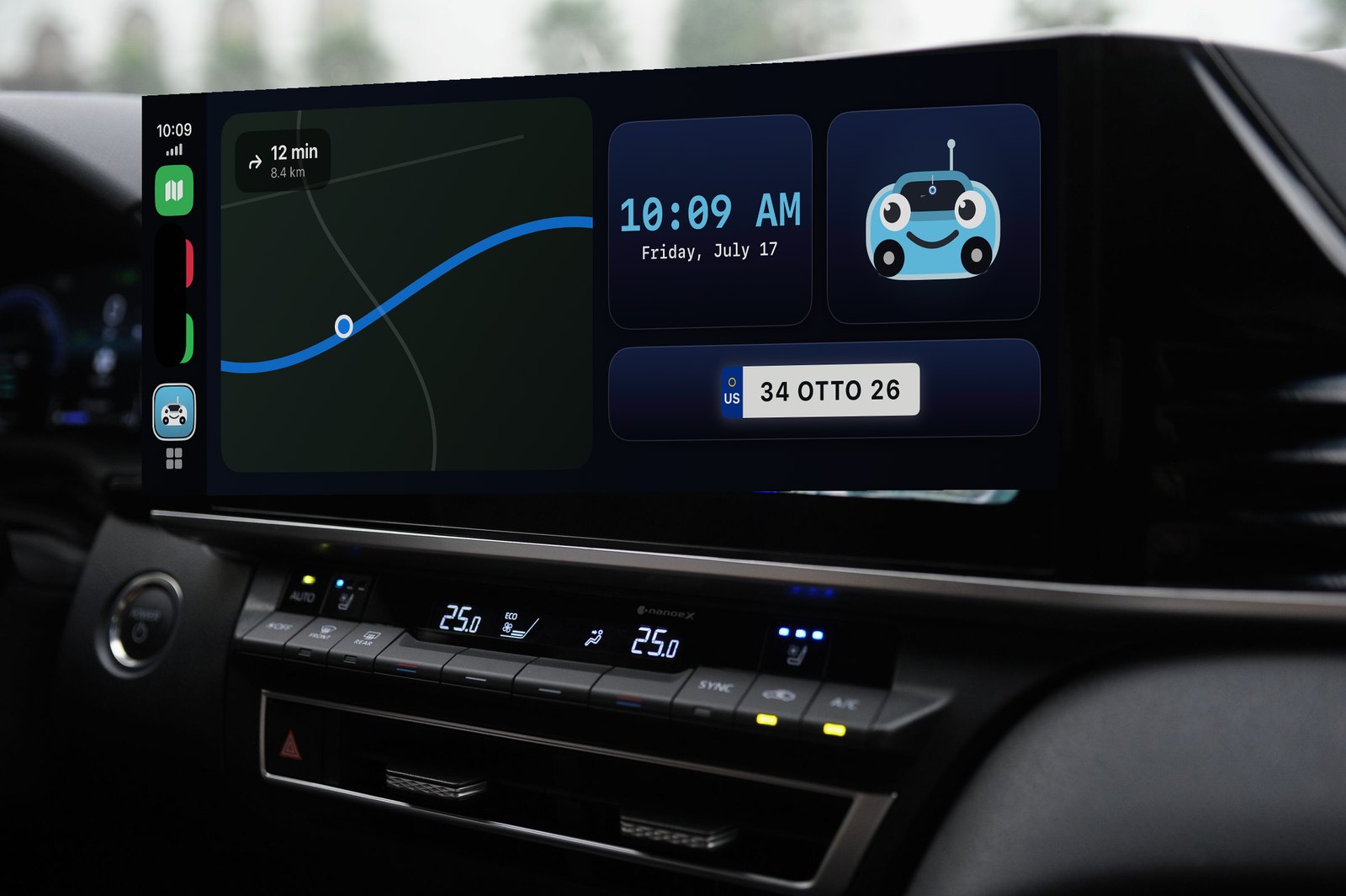 Otto in a neon theme on a CarPlay dashboard